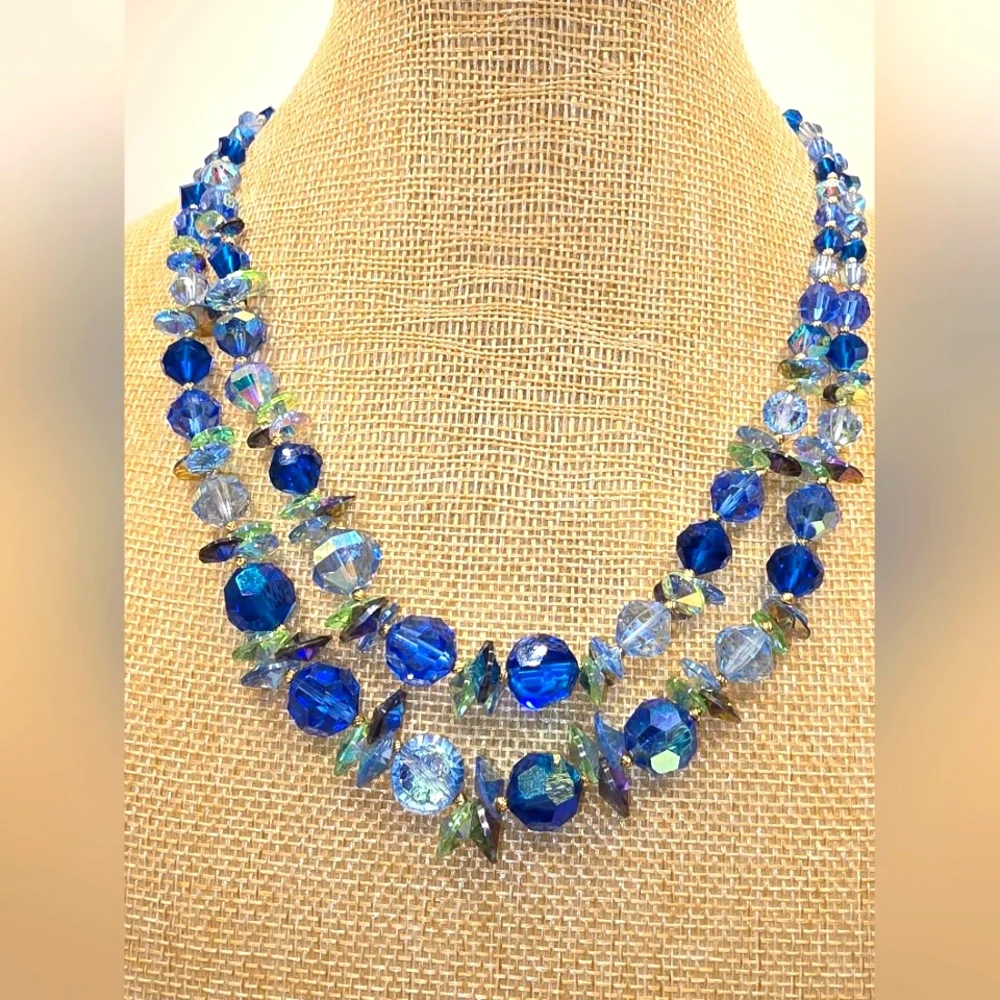 Vendome Blue Green Aurora Borealis Crystal Glass 2 Strand Bead Vintage Necklace